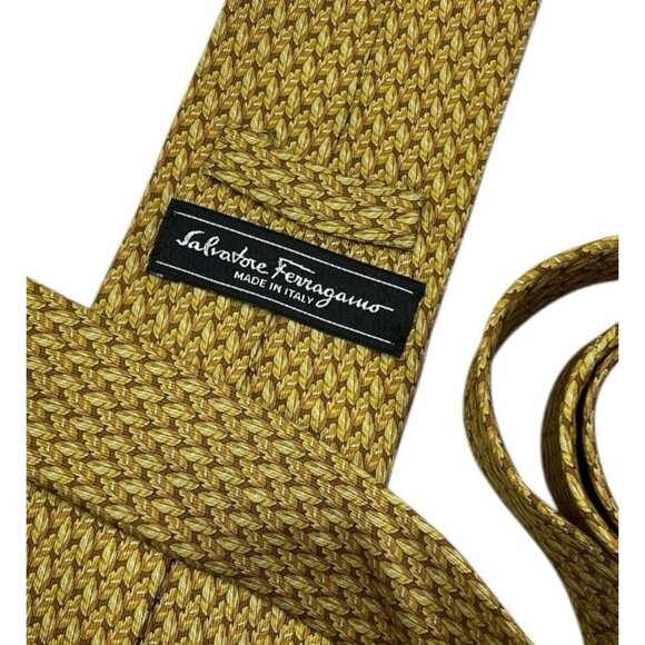 SALVATORE FERRAGAMO Men's Silk Necktie LUXURY Tie XL Brown Gold Leaf W:3.2" EUC - Picture 2 of 4